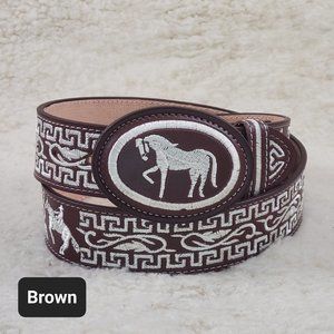 Size 36. Men’s Embroidered Western Belt . Genuine Leather. Handmade. Brown